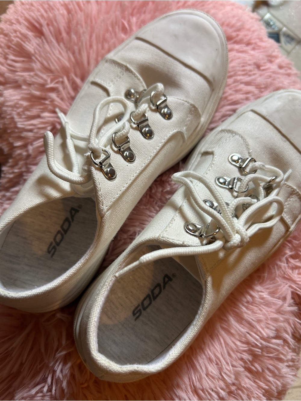 Soda Cream Canvas Lace-Up Sneakers with Silver Hooks